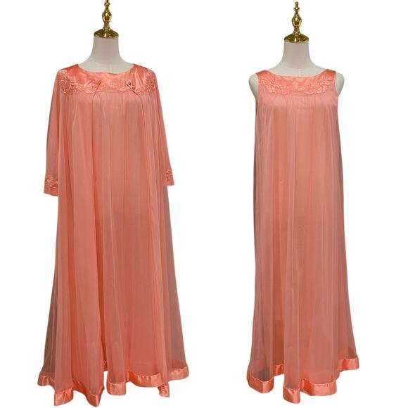 Vintage 60s Gossard Artemis Peach Chiffon Nightgown & Robe Peignoir Set Size S - Picture 1 of 16